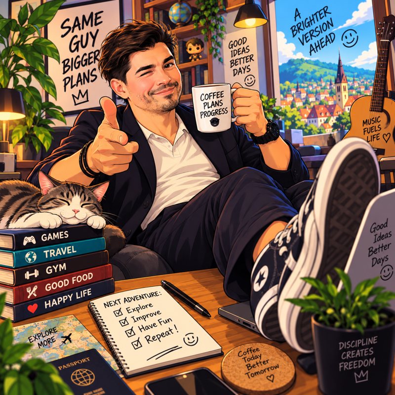 Illustration of Davy at his desk with a coffee mug, giving a thumbs-up, with a cat asleep on a stack of books